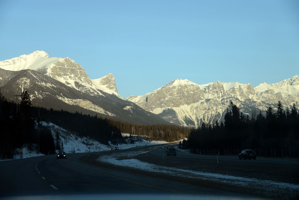 02 Mount Lawrence Grassi, Ha Ling Peak, Mount Rundle Ridge East End From Trans Canada Highway At Canmore Early Morning